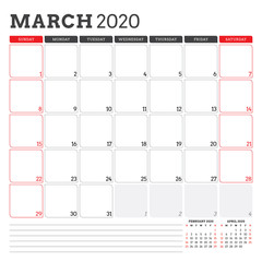 Calendar planner for March 2020. Week starts on Sunday. Printable vector stationery design template