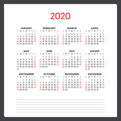 Calendar for 2020 year. Week starts on Sunday. Printable vector stationery design template