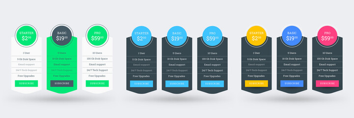 Pricing table design template for websites and applications. Set of three different color variations. Vector pricing plans. Flat style vector illustration