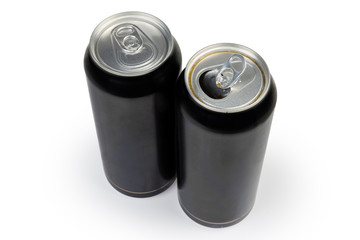 Open and closed black metal beverage cans on white background