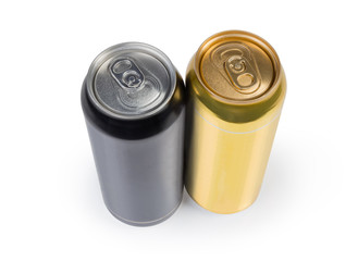 Yellow and black sealed beverage cans on a white background