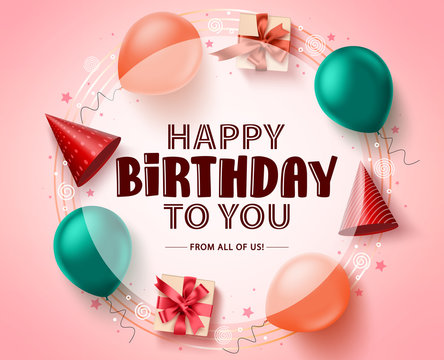 Happy birthday greeting card vector banner template. Happy birthday in white empty circle for message and text for party and celebration in pink background. Vector illustration.