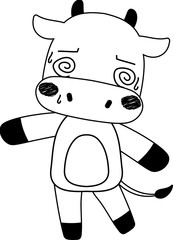 Monochrome Full-length illustration of the cute beef cow character