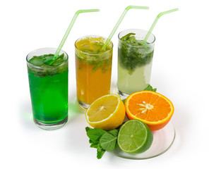 Cold mint drinks with different citrus on white background