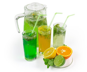 Cold mint drinks with different citrus on white background