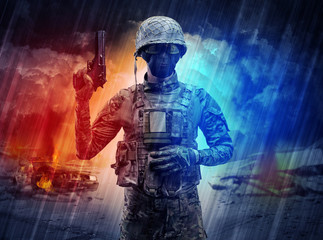 Fototapeta premium Armed soldier with sniper in the middle of a dust storm 