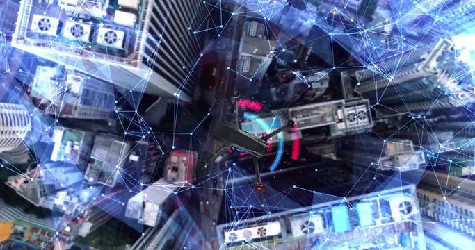 AERIAL. Animation of drone flying above city Futuristic lines and technology concept