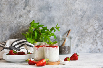 Yogurt with chia seeds and strawberries for breakfast. Good morning.
