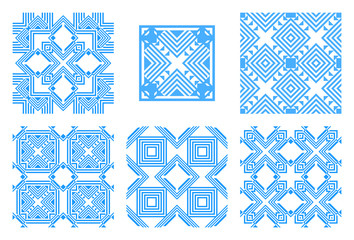 Geometric seamless patterns. Tile design templates. Abstract trendy white and blue backgrounds. Vector modern design textures.
