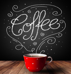 Steaming cup of coffee with white doodle line art and coffee inscription
