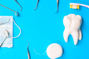 Dental hygiene and health concept. Dentist tools or instruments dental explorers, dental mirrors,...