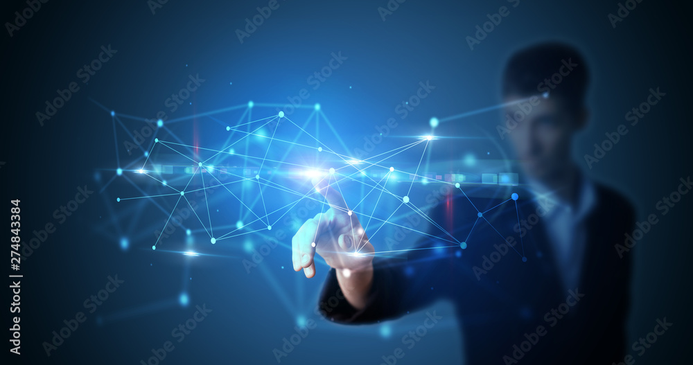 Aufkleber Man touching hologram screen displaying modern web system
