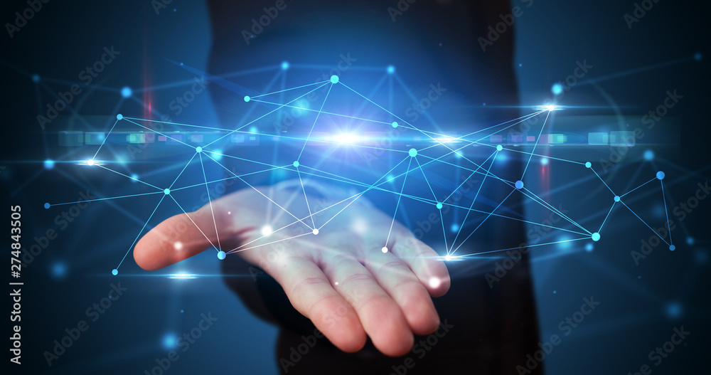 Aufkleber Handsome person holding hologram screen displaying modern cloud based web system technology
