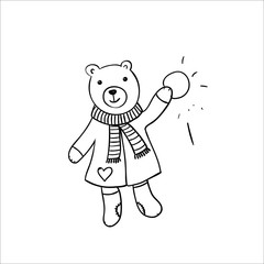 Hand drawn sketched illustration of cartoon bear. Funny animal dressed in coat and striped scarf playing with snow ball.