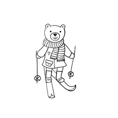 Hand drawn sketched illustration of cartoon bear. Funny skiing animal. Coloring book, card, poster element.