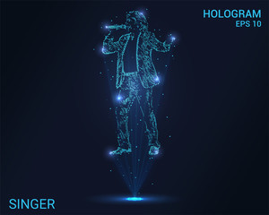 A hologram singer. Holographic projection of a man with a microphone. Flickering energy flux of particles. Scientific music design. - obrazy, fototapety, plakaty