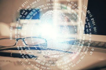 Fingerprint drawing with glasses on the table background. Concept of security. Double exposure.