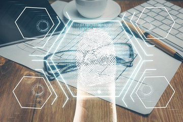 Fingerprint drawing with glasses on the table background. Concept of security. Double exposure.