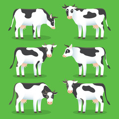 Farm animals cows isolated on green background. Set of white and black cows in flat style, for logo and web design. Farm cow cartoon character.
