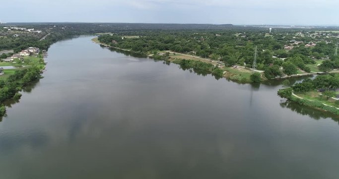 Aerial Drone Flight Over The Lake In Marble Falls Texas.