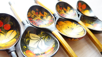 Russian souvenir wooden spoons painted with folk patterns