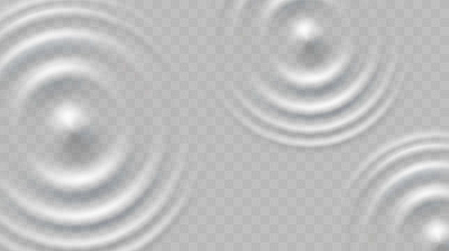 Ripple, splash waves surface from rain drops isolated on transparent background. White sound impact effect top view. Vector circle of water, liquid or swirl round texture template.
