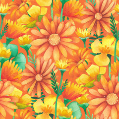 Watercolor seamless pattern of wild meadow flowers
