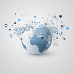      Internet of Things, Cloud Computing Design Concept with Earth Globe and Icons - Global Digital Network Connections, Smart Technology Concept 