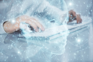 Fototapeta premium Man with computer background with brain theme hologram. Concept of brainstorm. Double exposure.