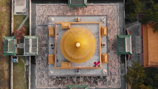 Aerial view of The Temple of Universal Happiness (Pule si), also called the round Pavillion, this structure was built in 1766. Little temple at the starting point for hammer rock hike, Chengde, China.
