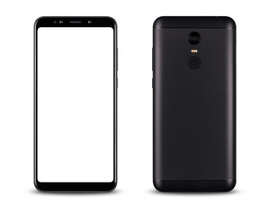front and back sides of smartphone modern touch screen isolated on white background.