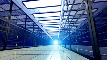 Shot of Corridor in Large Working Data Center Full of Rack Servers and Supercomputers. 3D render
