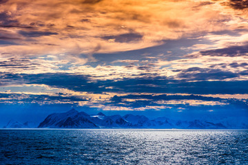 norway landscape ice nature of the glacier mountains of Spitsbergen Longyearbyen Svalbard arctic ocean winter polar day sunset sky