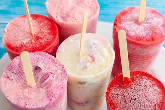 Homemade Mixed Berry Yogurt Popsicles. Top View