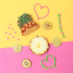 Tropical Fashion mix fruits. Minimal flat lay art