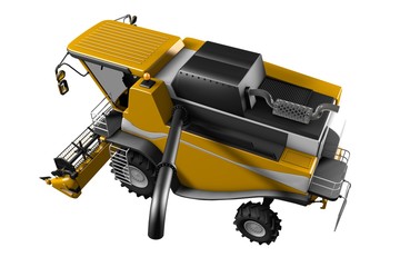 industrial 3D illustration of big cg orange rye agricultural combine harvester with grain pipe detached rear top view isolated on white