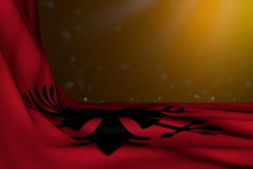 pretty dark photo of Albania flag lie in corner on yellow background with soft focus and empty place for your text - any feast flag 3d illustration..