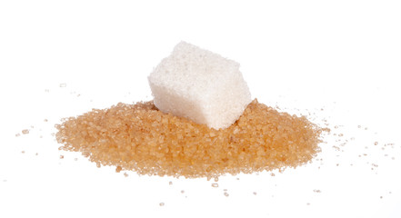 sugar cubes and sugar-sand on a white background