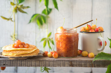 breakfast with orange merry jam and fruits. Breakfast.Pancakes