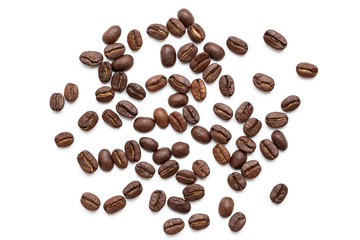 top view of coffee beans isolated on white background,