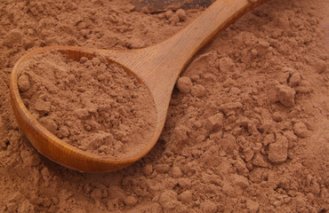 Cacao powder and wooden spoon close up