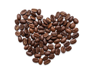 Coffee beans heart isolated on white background