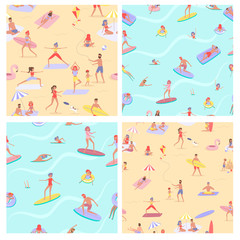 Summer beach concept seamless pattern set. Different scenes of people on the beach. People relax on the beach, sunbathe, play sports and yoga, swiming in the sea, ride the surf. 