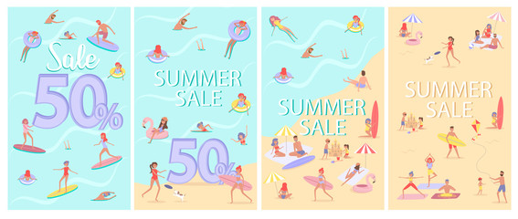 Set for mobile app page Summer beach concept discount poster. Different scenes of people on the beach. People relax on the beach, sunbathe, play sports and yoga, swiming in the sea, ride the surf. 