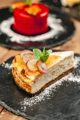 Exquisite restaurant dessert.  Exclusive meals and haute cuisine concept, top view