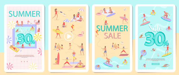 Set for mobile app page Summer beach concept discount poster. Different scenes of people on the beach. People relax on the beach, sunbathe, play sports and yoga, swiming in the sea, ride the surf. 