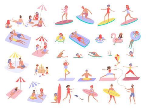 Set of people in different position on Summer beach. People relax on the beach, sunbathe, play sports and yoga, swiming in the sea, ride the surf. Vector illustration