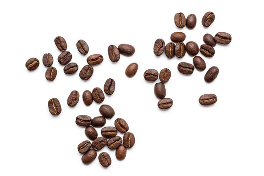 top view of coffee beans isolated on white background,
