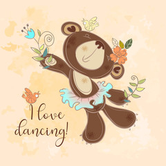 Dancing bear in a tutu. Cute children's character. I love dancing. Vector