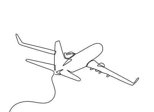 one line drawing of airplane flying on the sky on white background